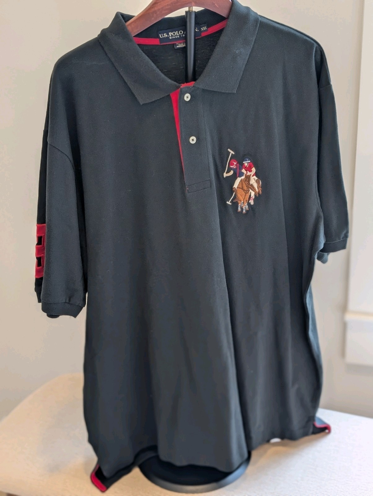 Men’s Polo Shirt: US Polo Assoc Black/Red With #3 and Multicolor Logo Size 2XL