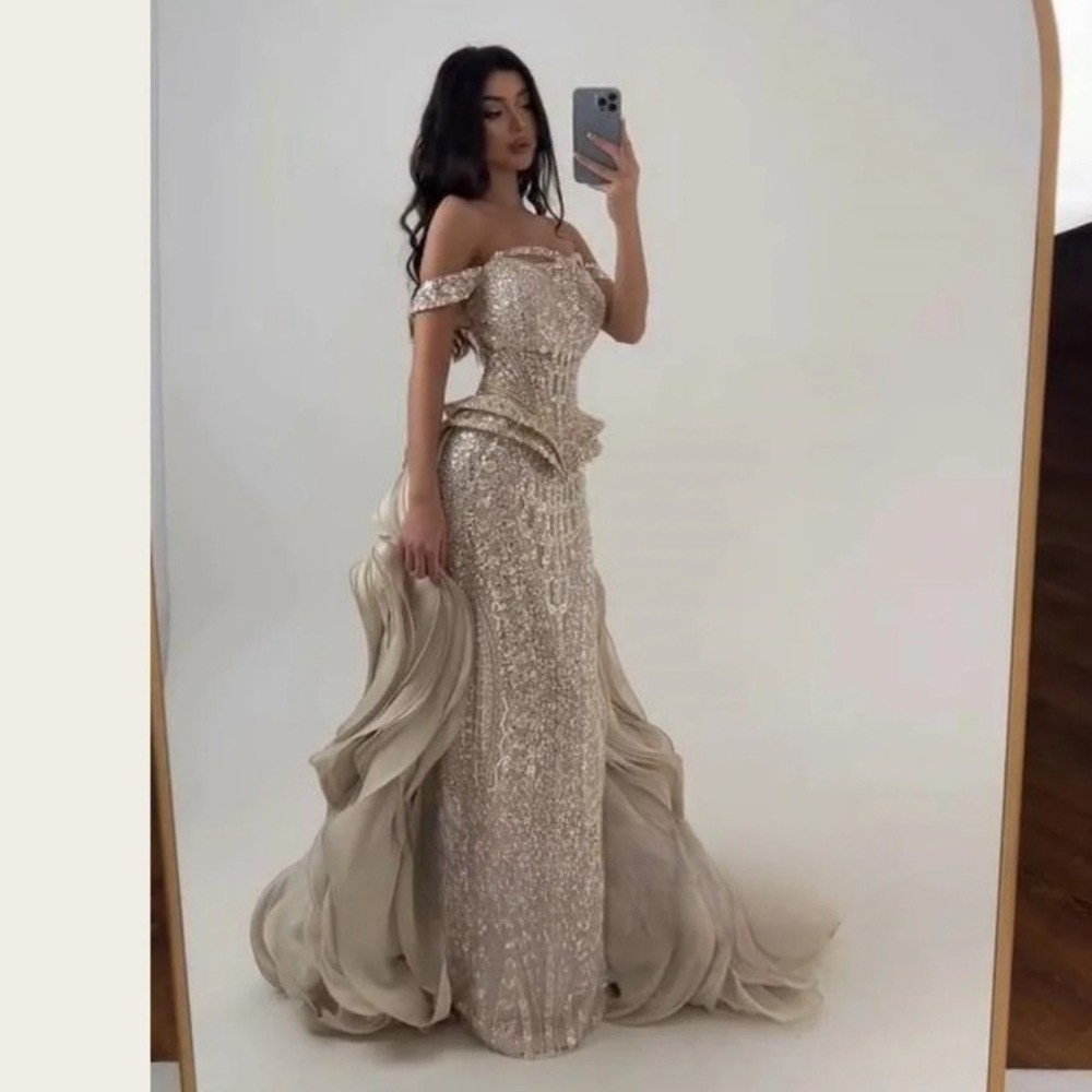 Evening Gown Beaded Straps Off-the-Shoulder Layered Wave Train Mermaid Ball Gown