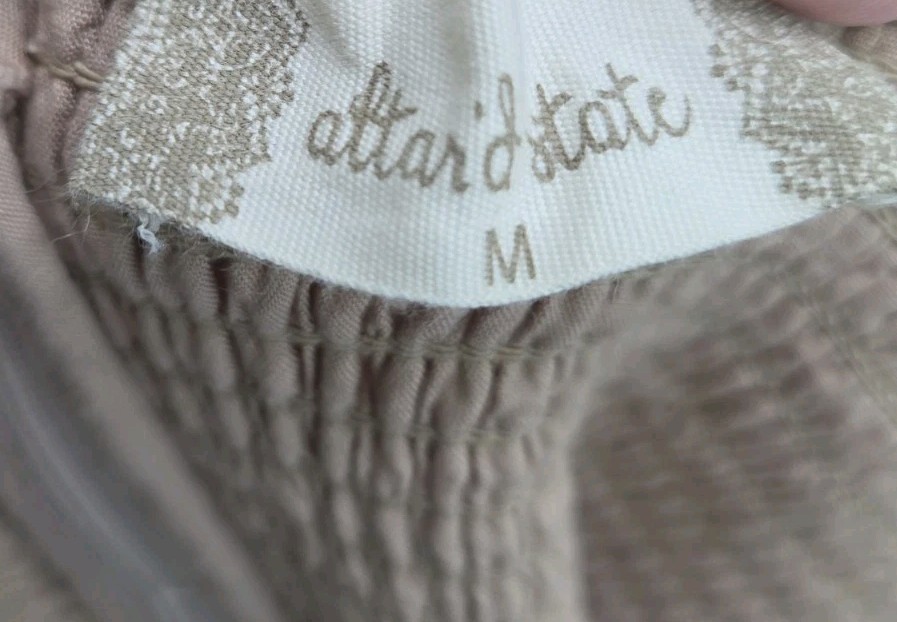 Altar’d State Smocked Milkmaid Mini Dress Tan Beige Puff Sleeve Babydoll Size M