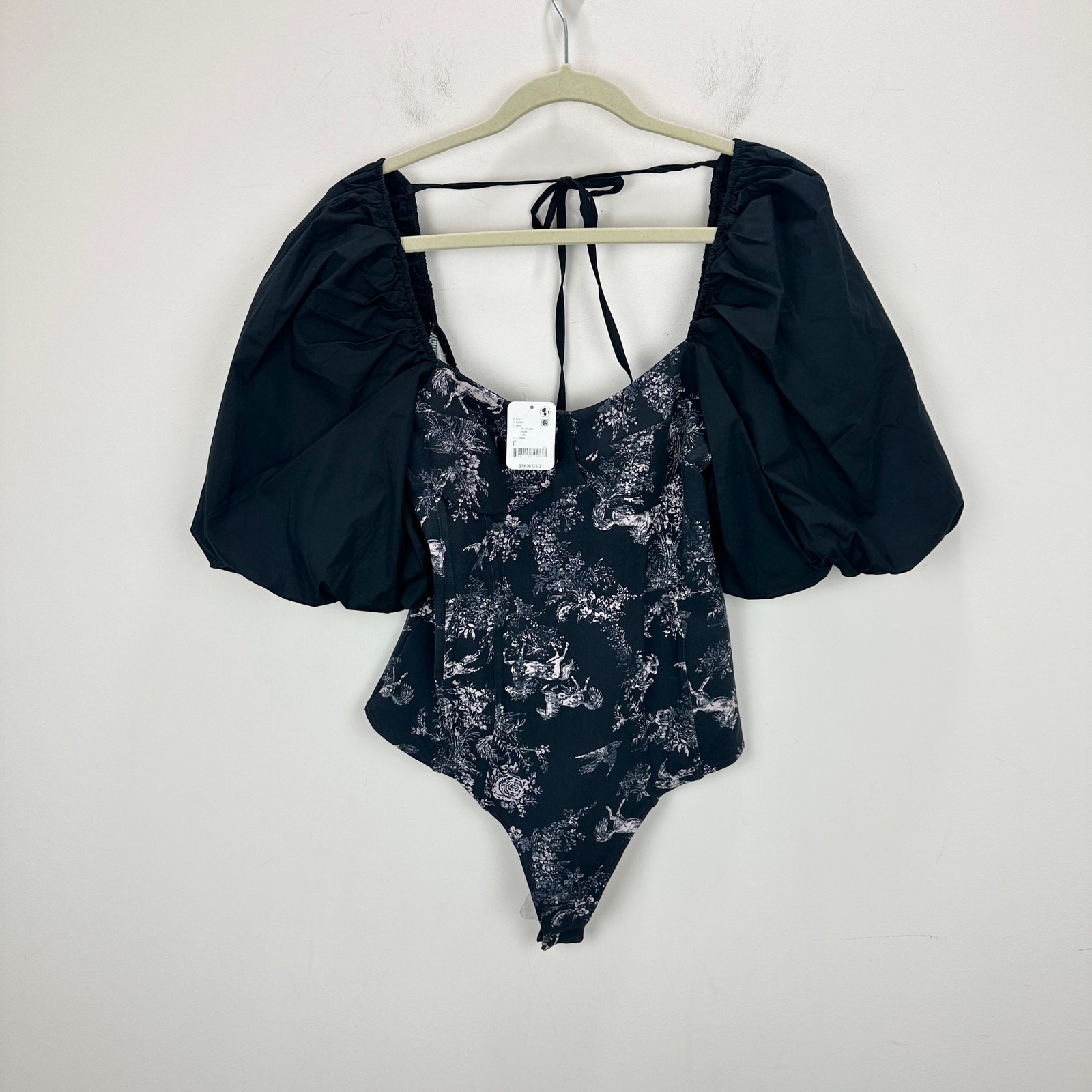 Free People Prarie Rose Puff Sleeve Bodysuit Black Coquette Romantic Large NWT