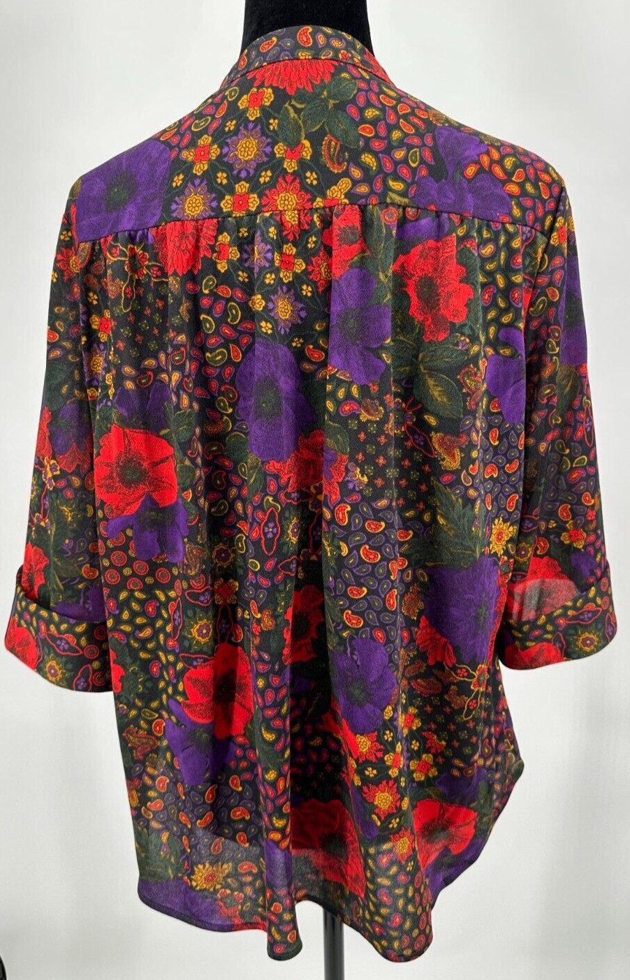 Top Notch Womens 3/4 Sleeve Blouse Size 38/18W Black Paisley Floral Retro Print