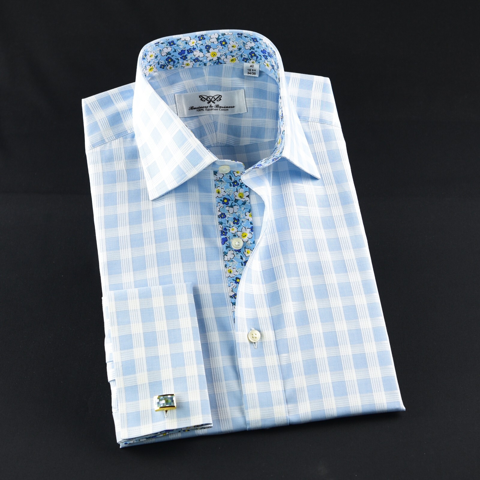 Blue Check Formal Business Dress Shirt Wih Blue Floral Inner Lining Double Cuff