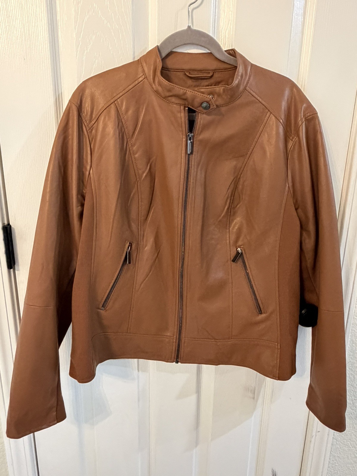 Kenneth Cole Vegan Leather Moto Jacket with Fabric Rib, Brown, Sz XXL