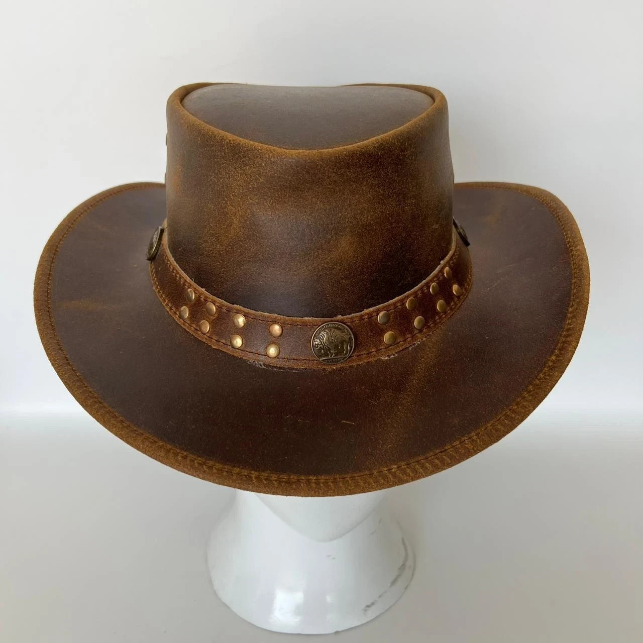Distressed Brown Handmade Leather Top Hat Rivet Band Steampunk Gothic Hat