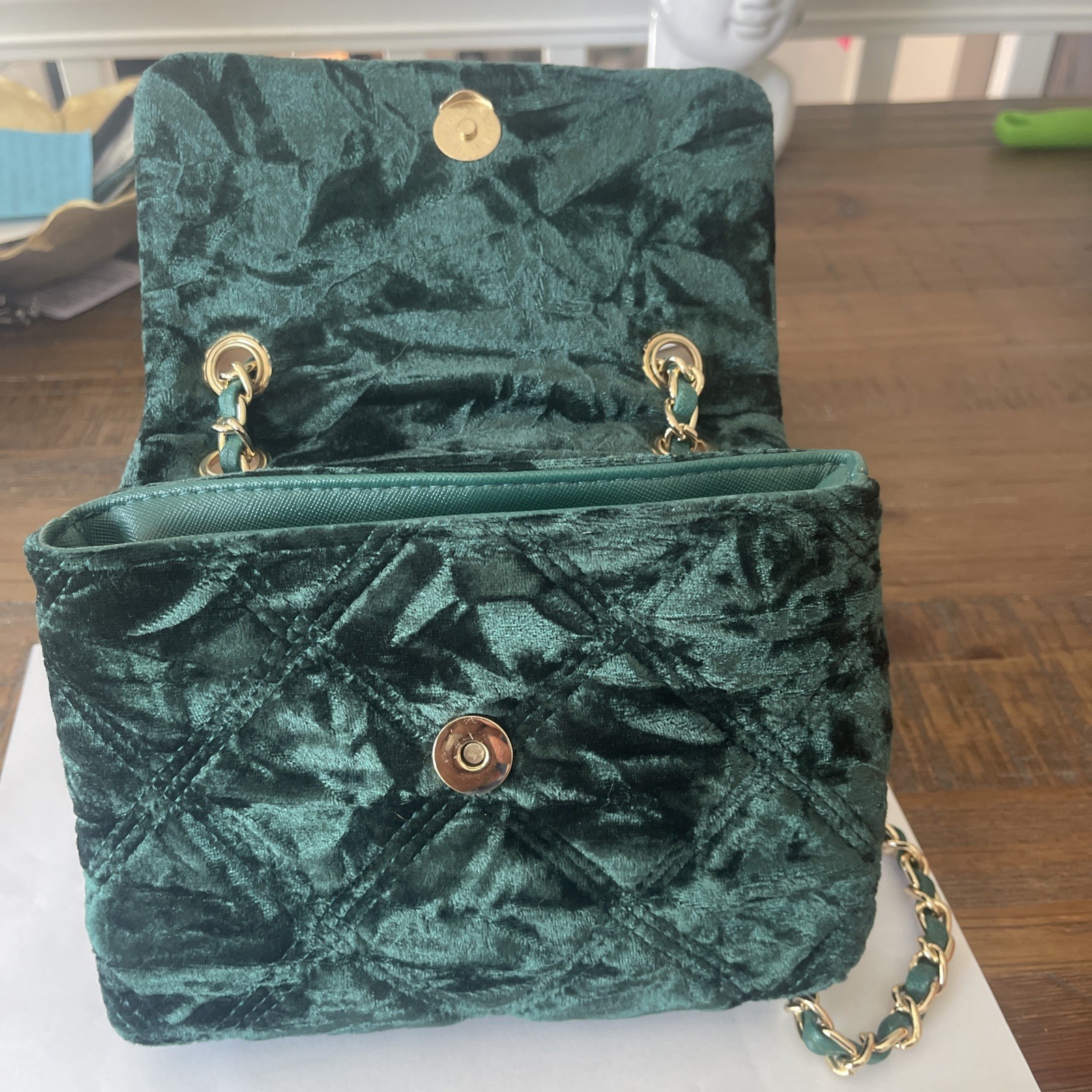 Betsey Johnson Small Purse/ Crossbody Green Velvet Quilted Chain Strap