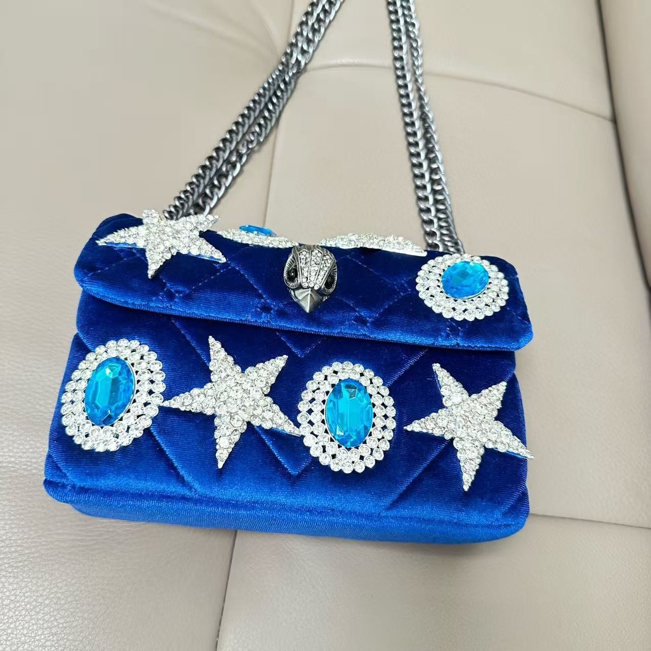 Kurt Geiger London Cobalt Velvet Quilted Crossbody Silver Eagle Star 20×8×15 cm