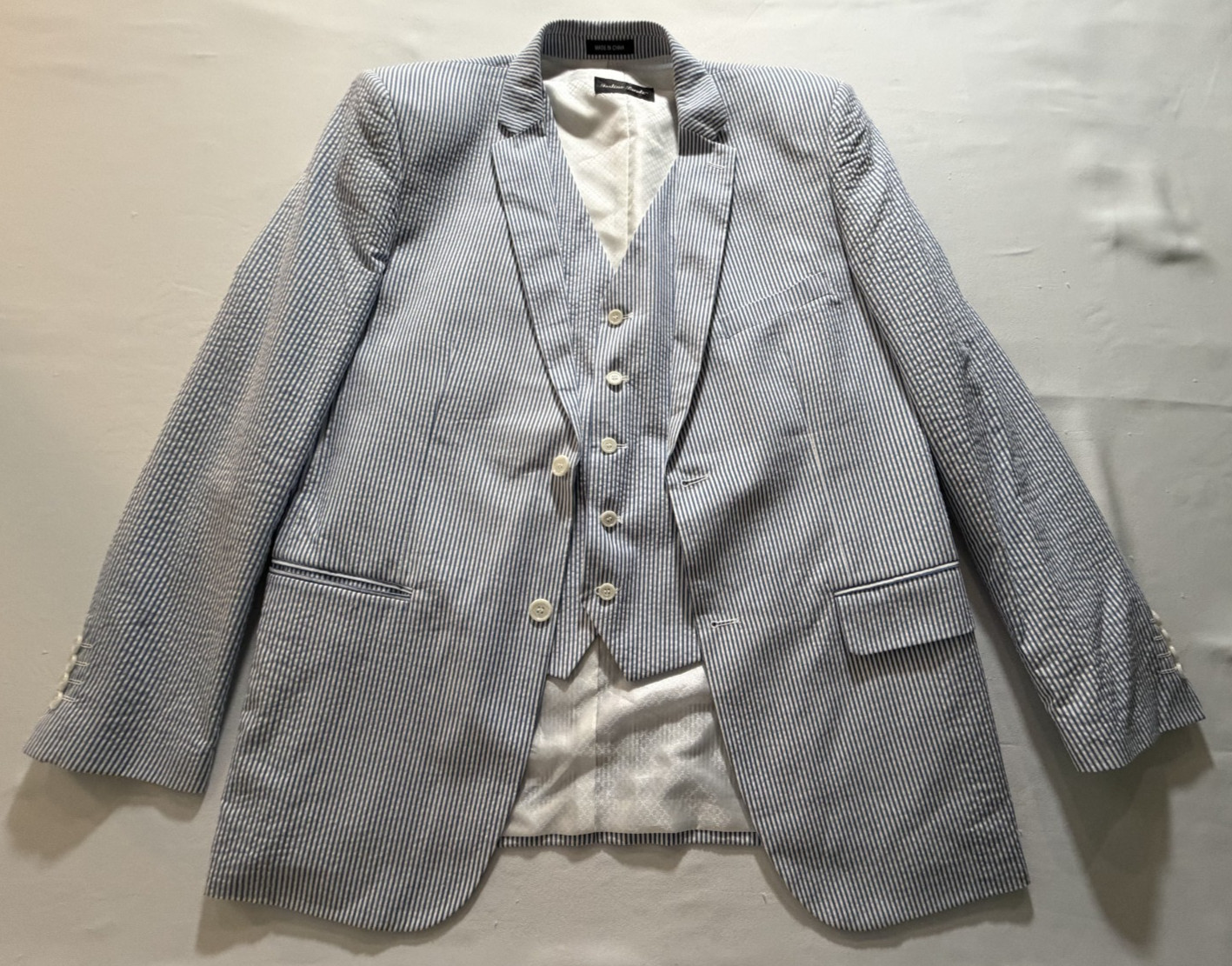 Fortino Landi Mens Seersucker Stripe Blazer & Vest Button Up 46L Double Vented