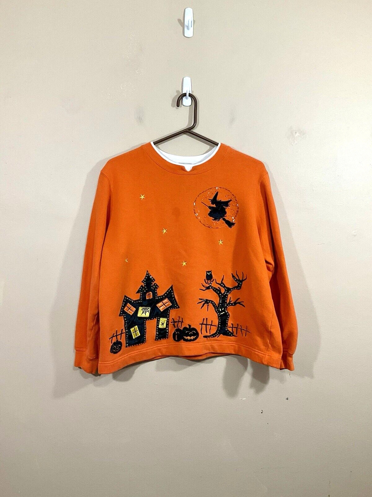 VTG Womens Embellished Halloween Shirt L Orange Haunted House Pumpkins Witch 90s