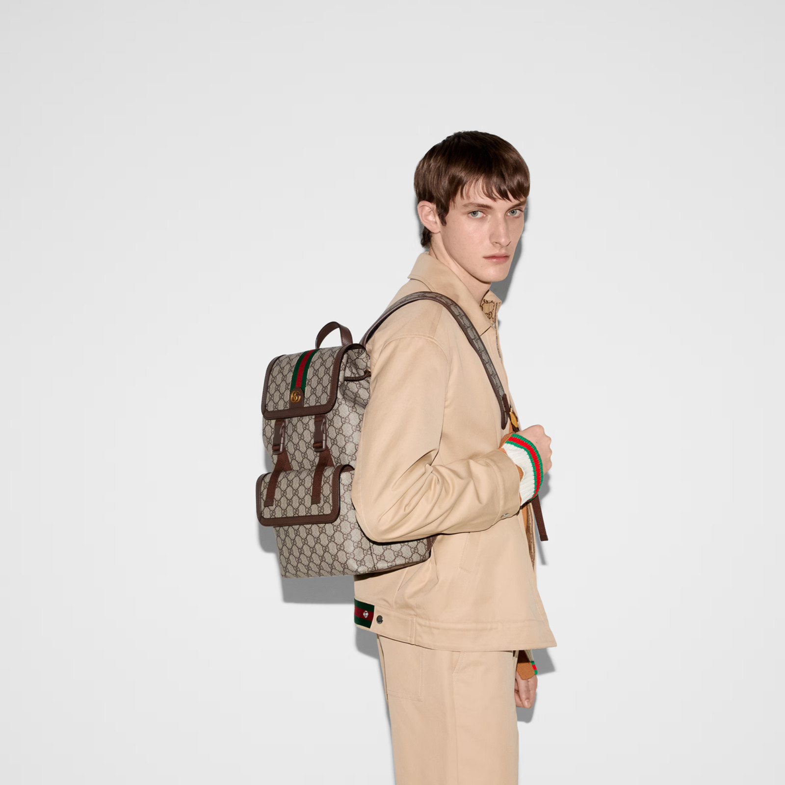GUCCI OPHIDIA SMALL BACKPACK Beige & Ebony GG Supreme Canvas. # 792114FADMF9794