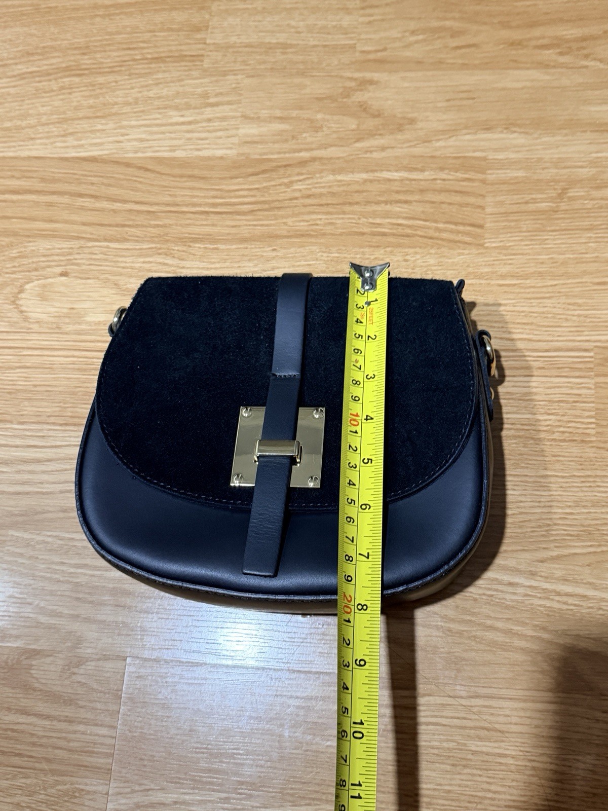 Italian Black Leather & Suede Saddle Bag Crossbody Gold Hardware Made in Italy