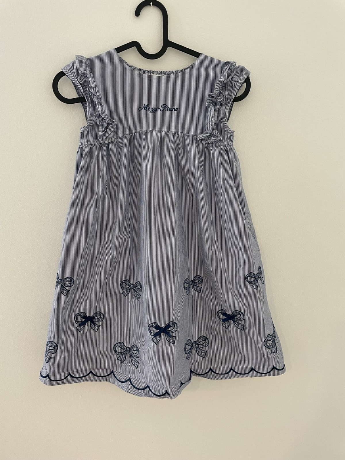 Mezzo Piano Girls 130cm Blue striped Dress, Frill Embroderied Ribbon, ruffle sle