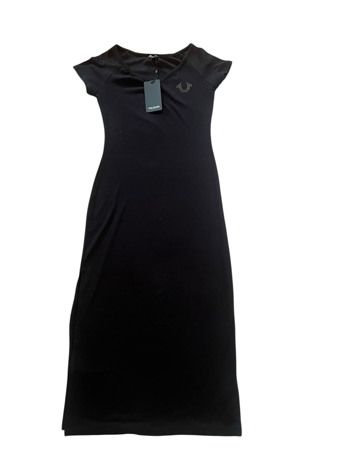 True Religion Women Black Arch Rib Tee Dress Black Rhinestone Logo Small NWT