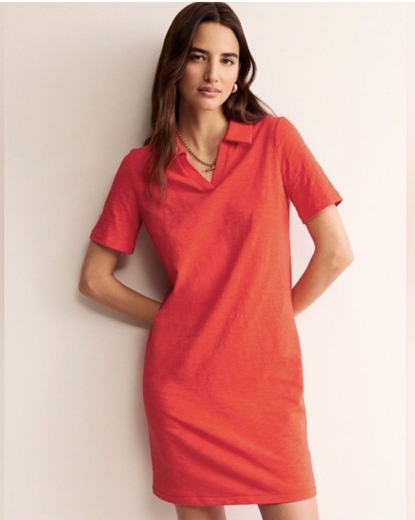 Boden Red 100% Cotton Slub V-Neck Collared Polo Shift Dress Sz 16