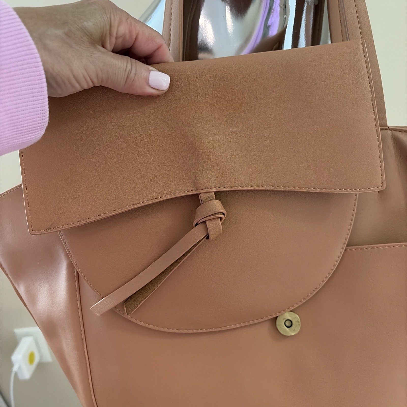 Anthropology Commuter Tote Bag Cognac Vegan Leather w/ Small Clochette Office