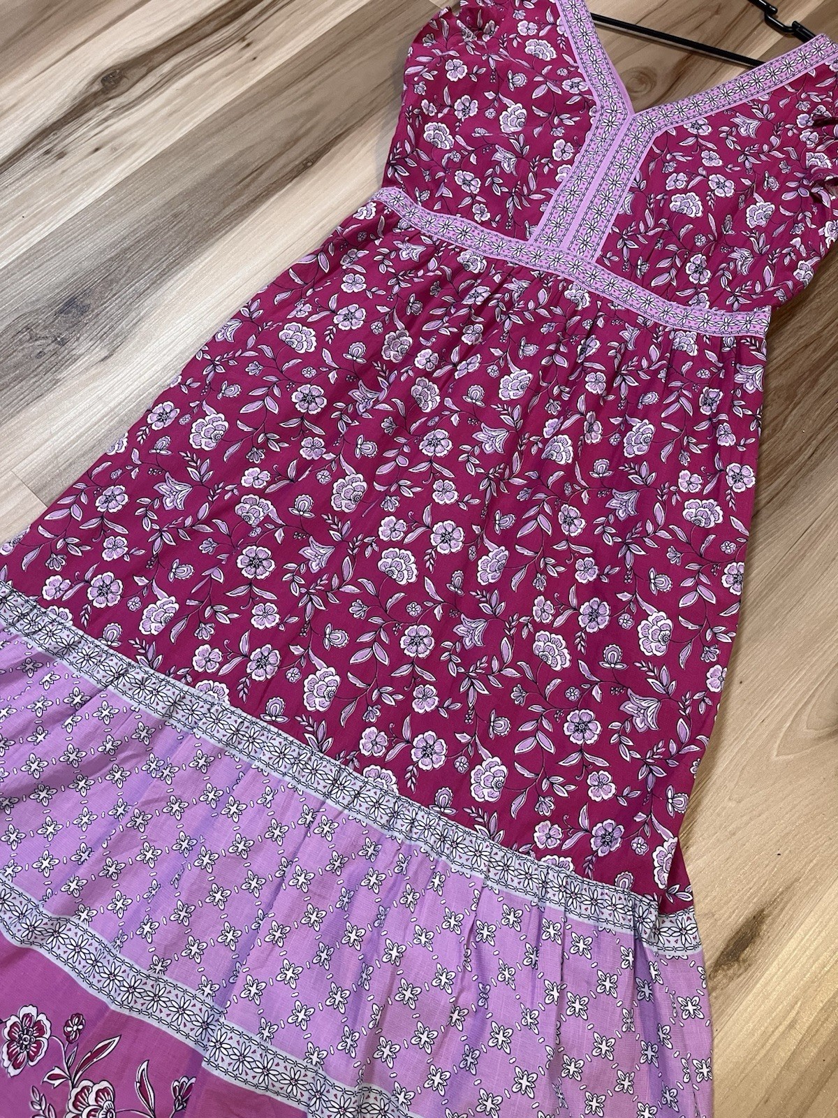 New Loft Size 8 Border Ruffle Midi Pocket Dress Fushia Lilac Floral Boho Tiered