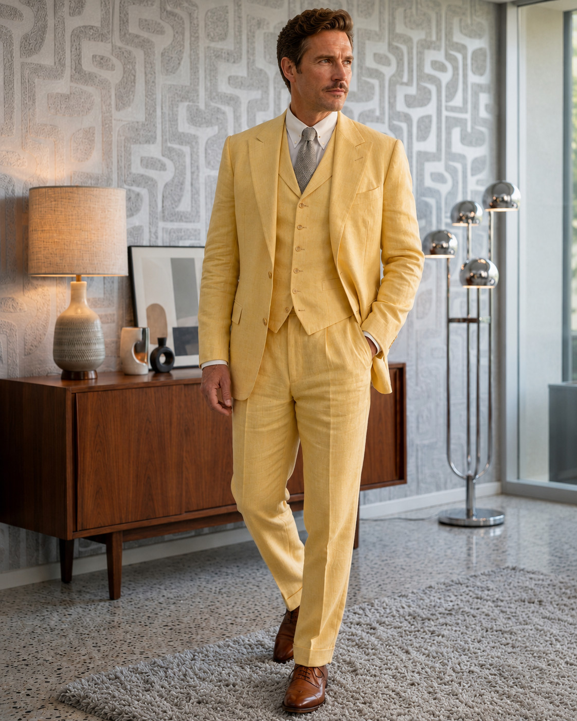Mens Yellow Linen Suit Jacket Vest Pants Wedding Prom Groom Beach Party 3pc Set