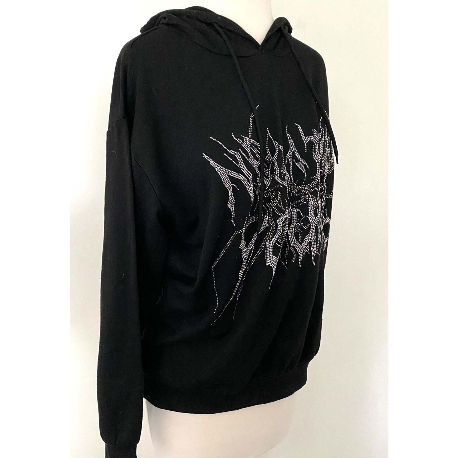 Shein Rhinestone Letter Print Black Hoodie Mens Drawstring Streetwear Fashion M