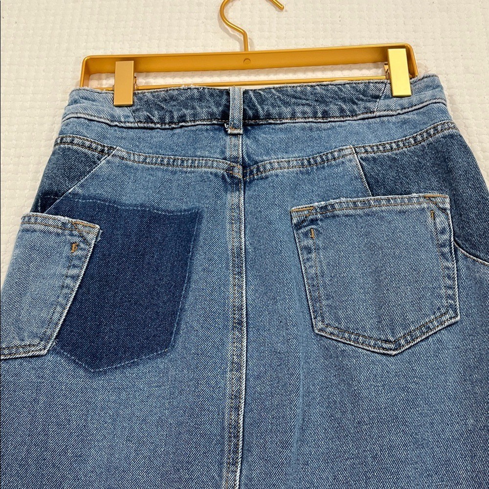 Zara High-Waisted Long Denim Skirt Front Slit Raw Hem sz XS