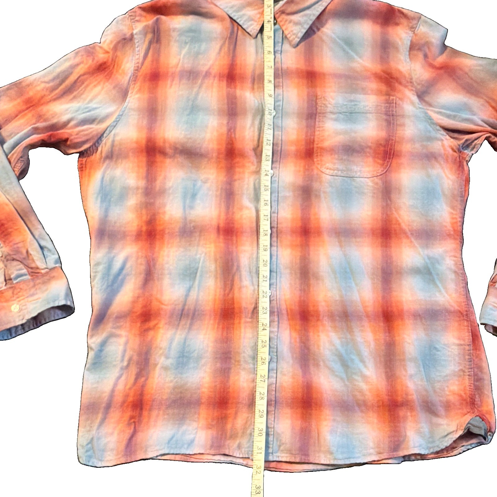 Sun + Stone Regular Fit Blue/Orange Plaid Button-Up Shirt Pockets XXL