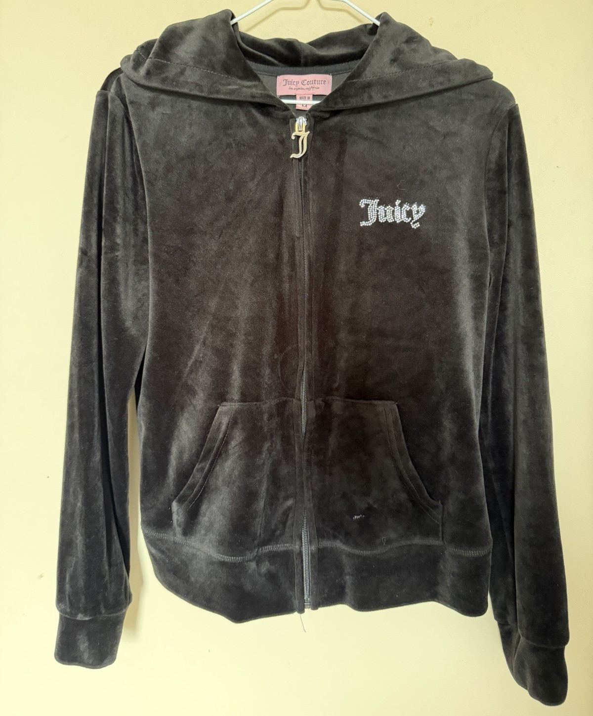 Juicy Couture Women’s Black Velour Full Zip Hooded Logo Hoodie Pockets M