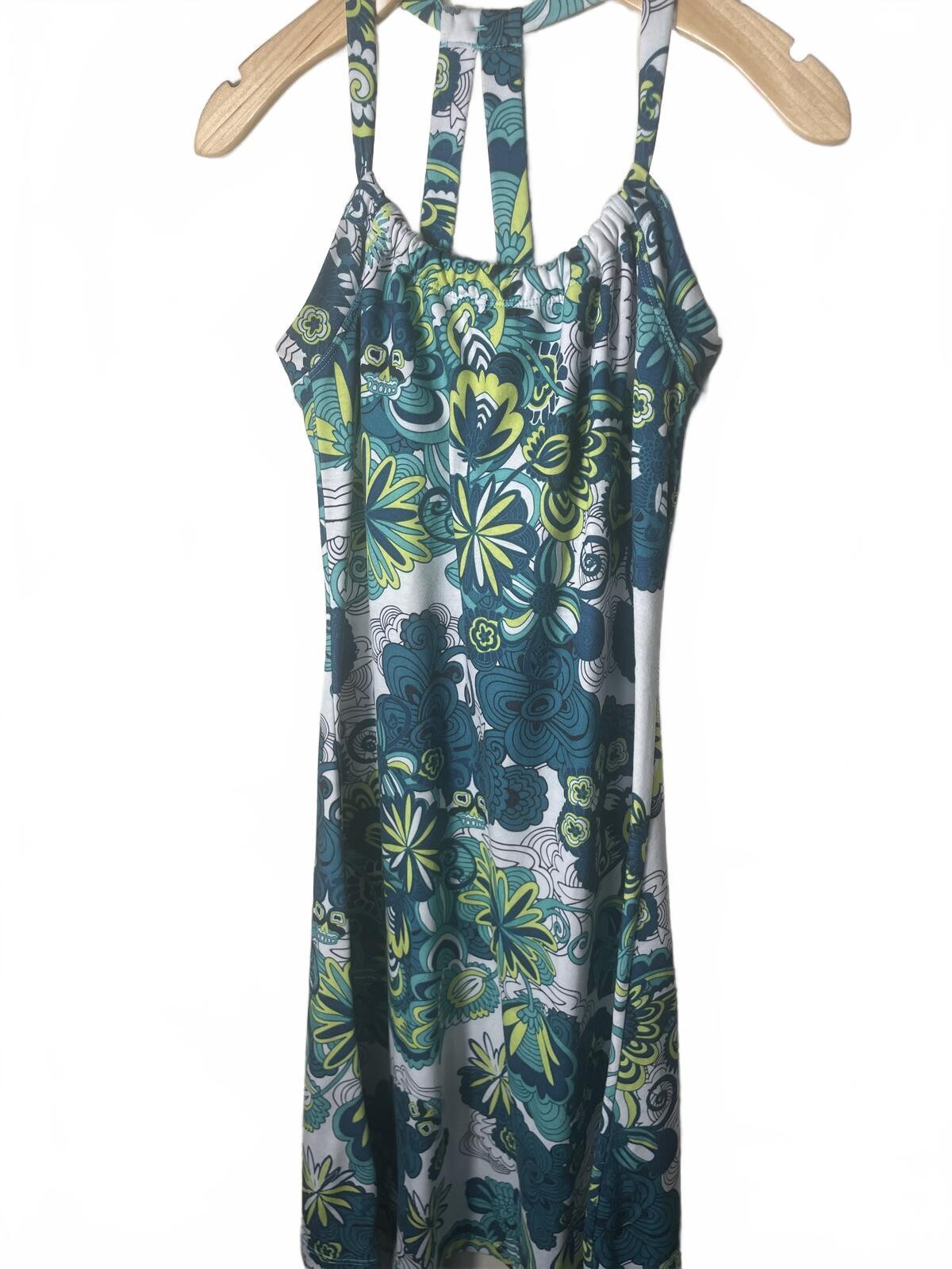 Prana Breathe Floral Skull Halter Midi Dress Women’s Small Blue Green Summer