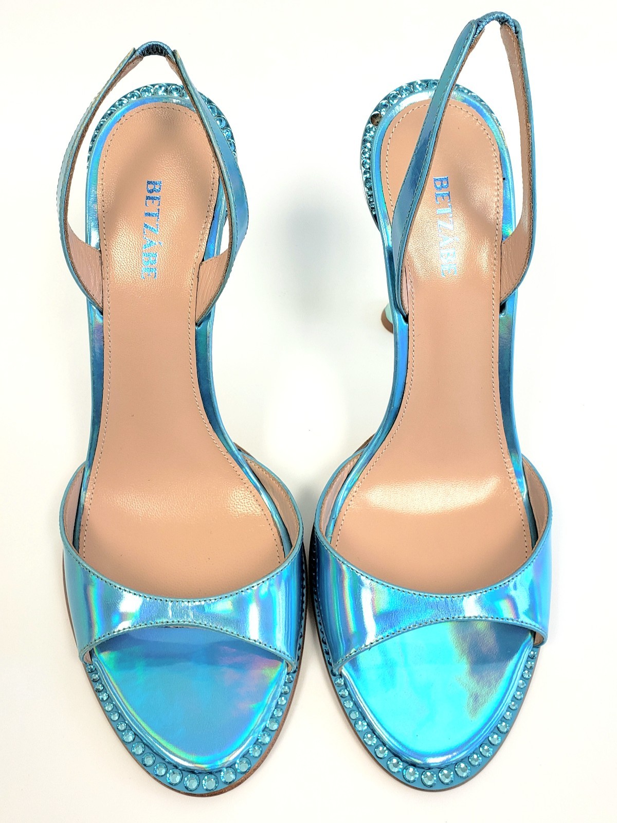 BETZABE Womens Crystal Mirror Slingback Heel Sandal Turquoise Size 37 / US 7