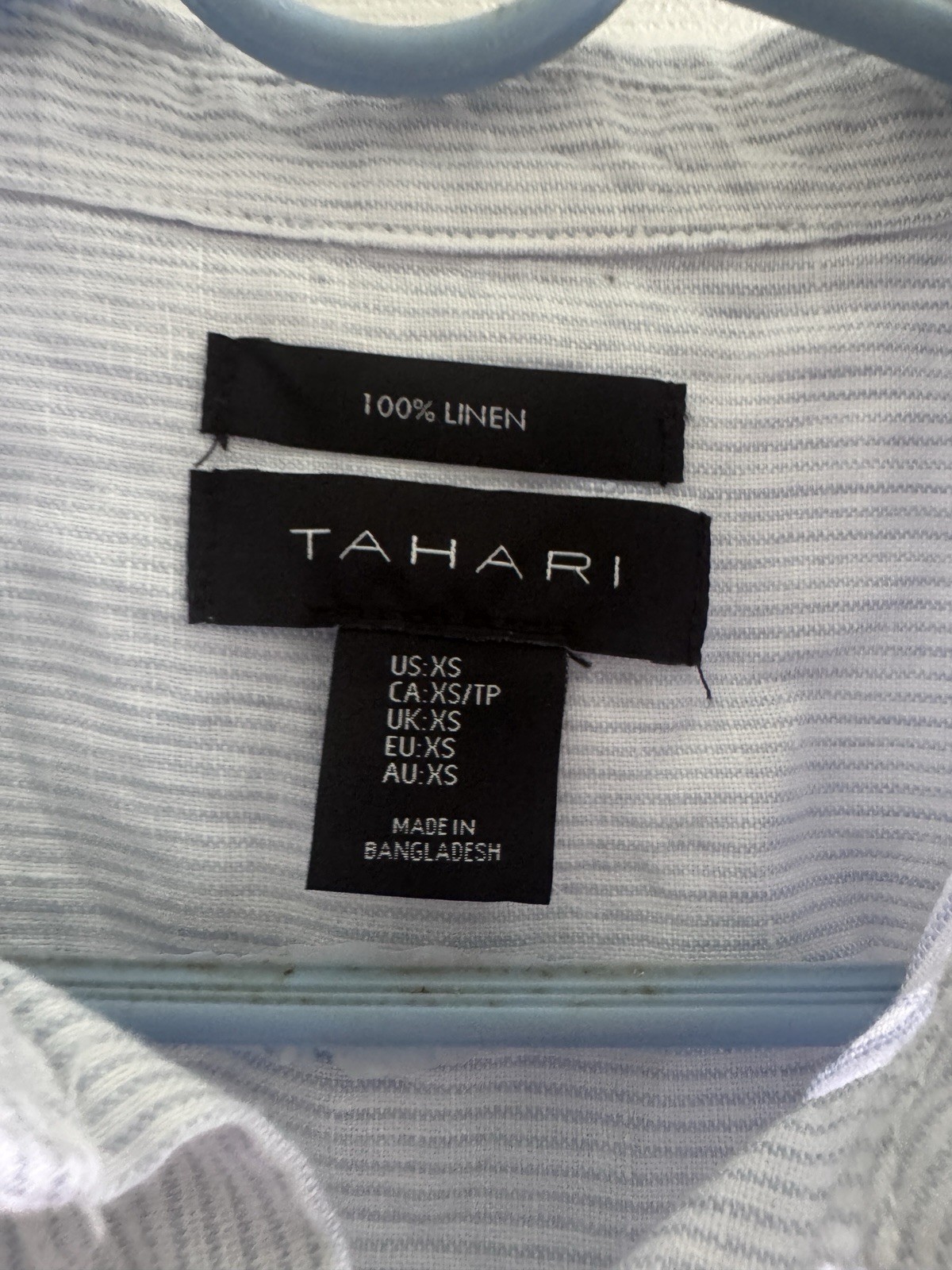 Tahari XS 100% Linen Striped Button Front Collared Shirt Dress Blue White