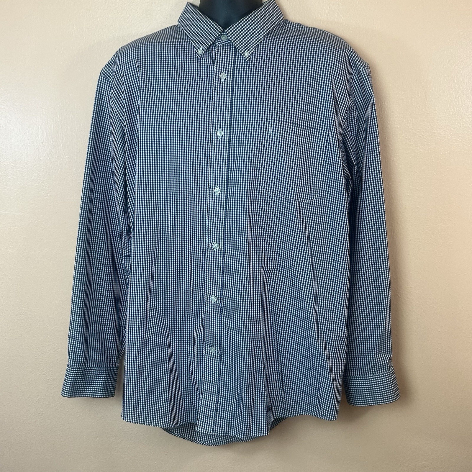 Lands End Blue White Gingham Print Button Down Men XXL 100% Baumwolle Cotton