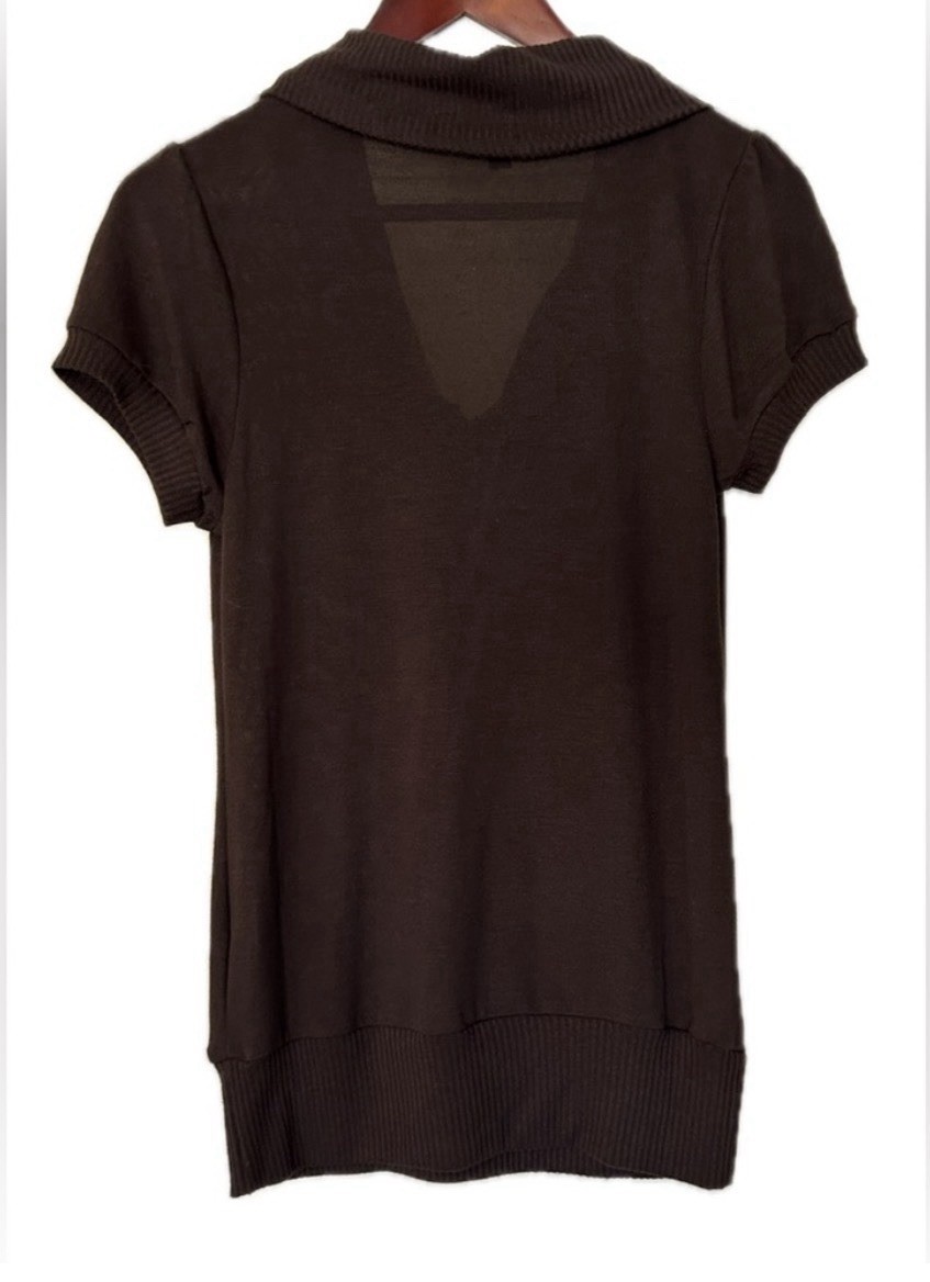 Active Basic Women’s Brown Solid Knit Cowl Neck Short Sleeve Pullover Sweater L
