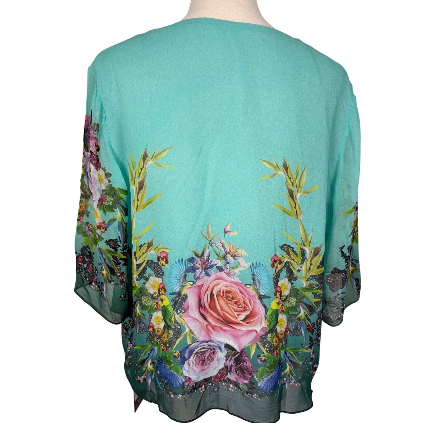 LESELE 100% Mulberry Silk Floral Beaded Blouse XL Green Boho Rose Bird Tunic