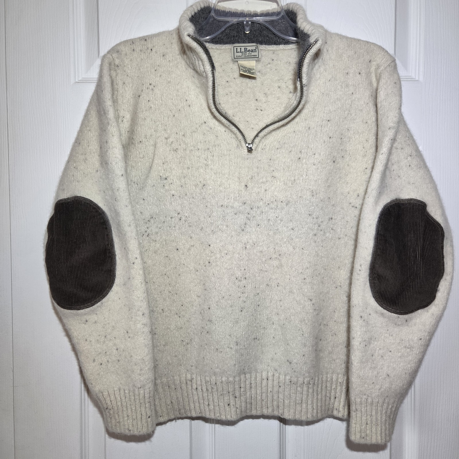 LL Bean 100% Shetland Wool 1/4 Zip Mens L (fits like a M) Speckled Ivory 285327