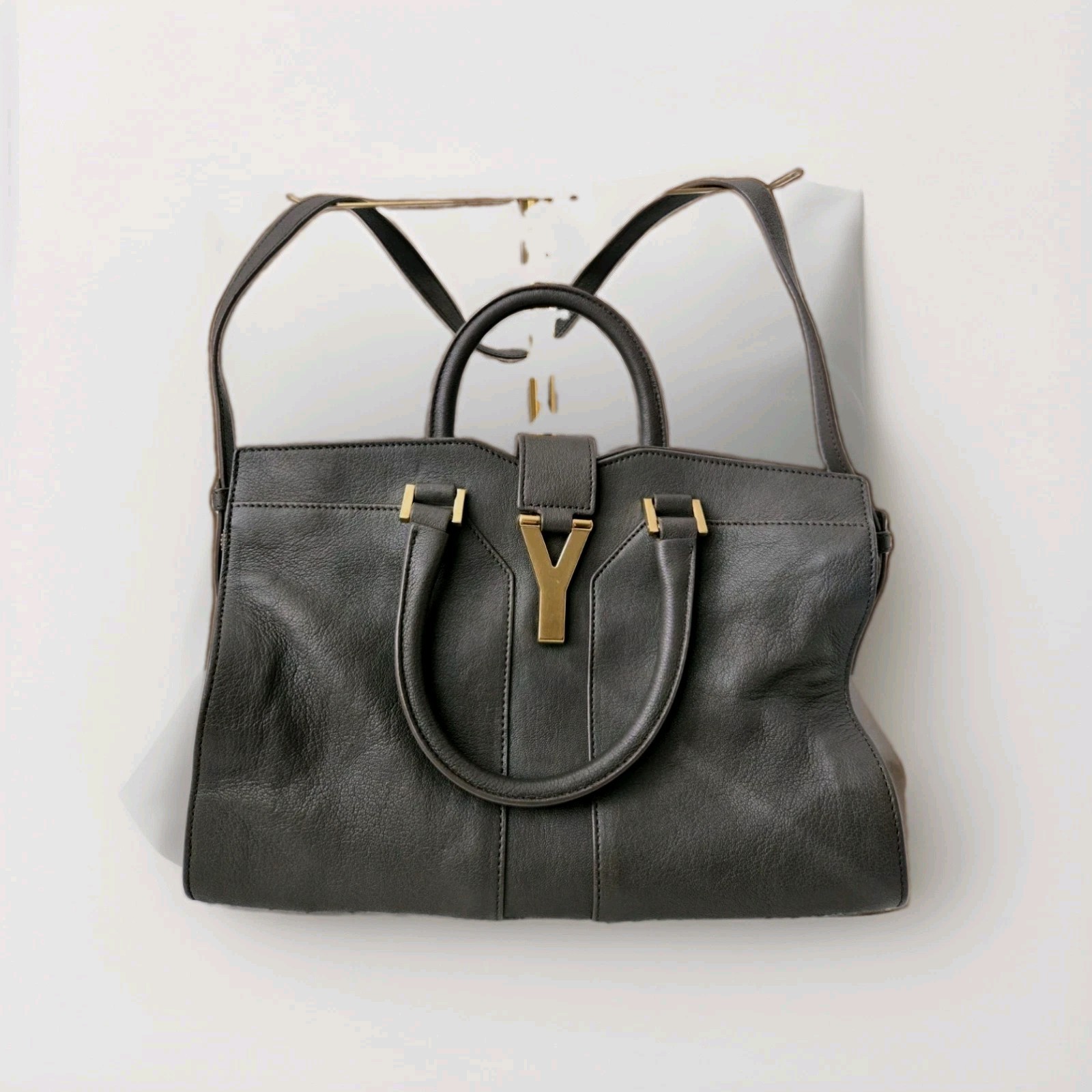 Authentic YVES SAINT LAURENT YSL Cabas Chyc 2way Bag Purse Dark Grey Leather