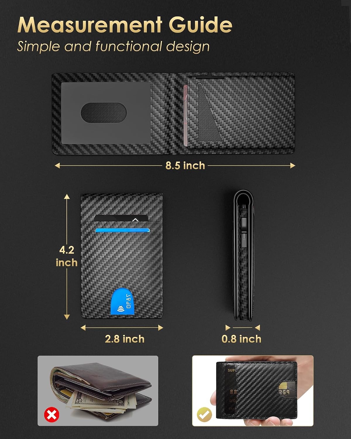 Mens RFID Blocking Wallet Carbon Fiber Slim Bifold Pop Up Credit Card Holder ID