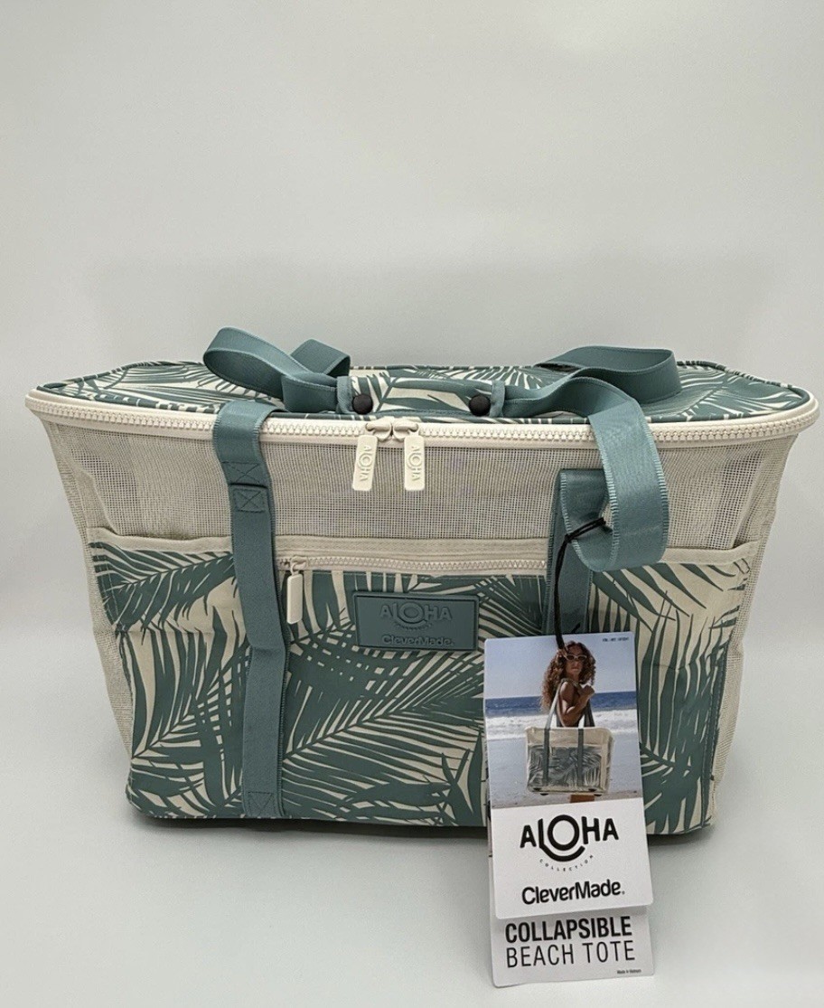 Aloha Collection Clevermade Collapsable Beach Tote Hawaii Floral Teal Tote NWT