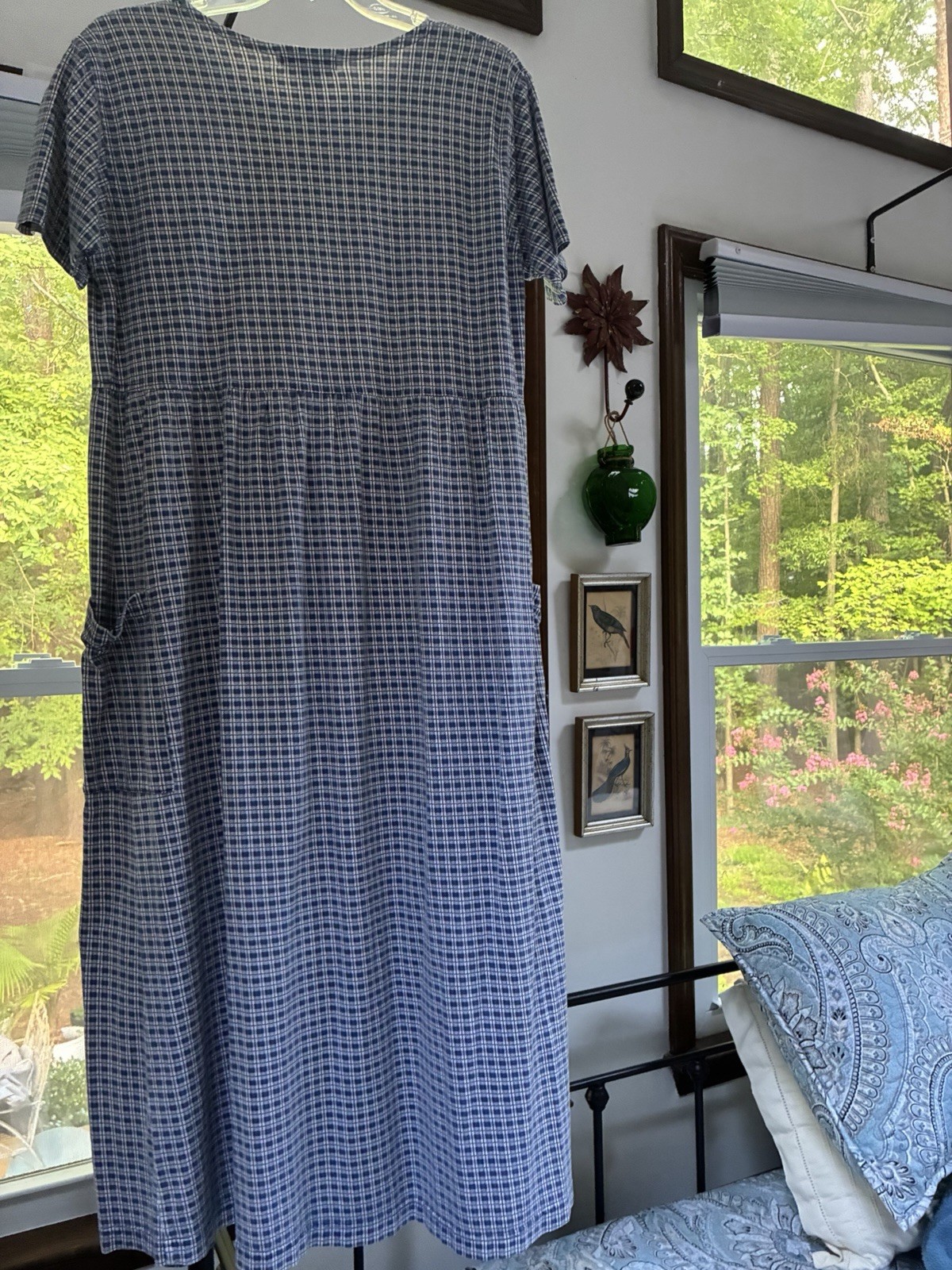 Vintage Eddie Bauer Blue Gingham Plaid Cotton Maxi Dress Pockets M Petite