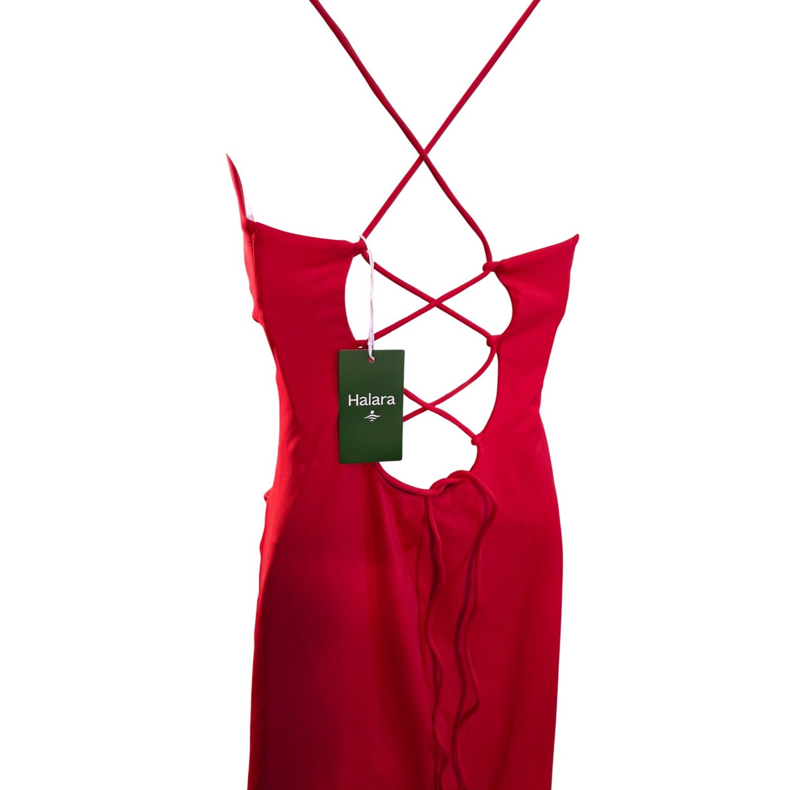 Halara Red Ruched Side Slit V-Neck Bodycon Midi Dress Small NWT