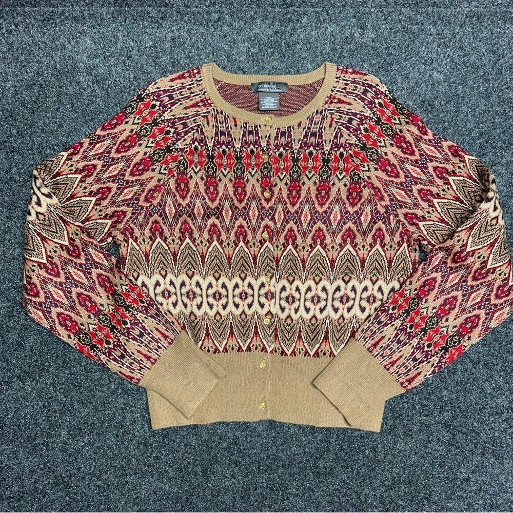 George ME Angora Rabbit Hair Blend Cardigan Baroque Tapestry Boho Knit L Large