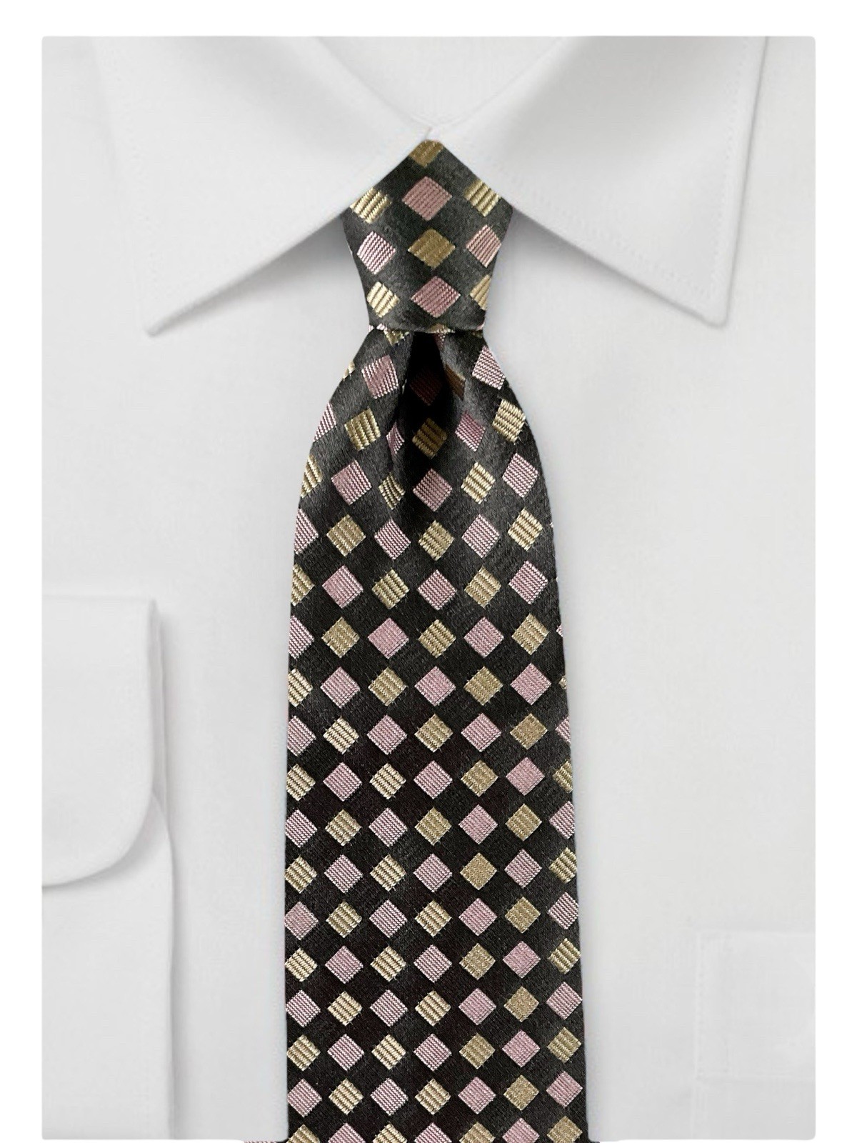BOSS Hugo Boss Mens Silk Tie Blush Pink Ash Gray Champagne Diamond Check Italy