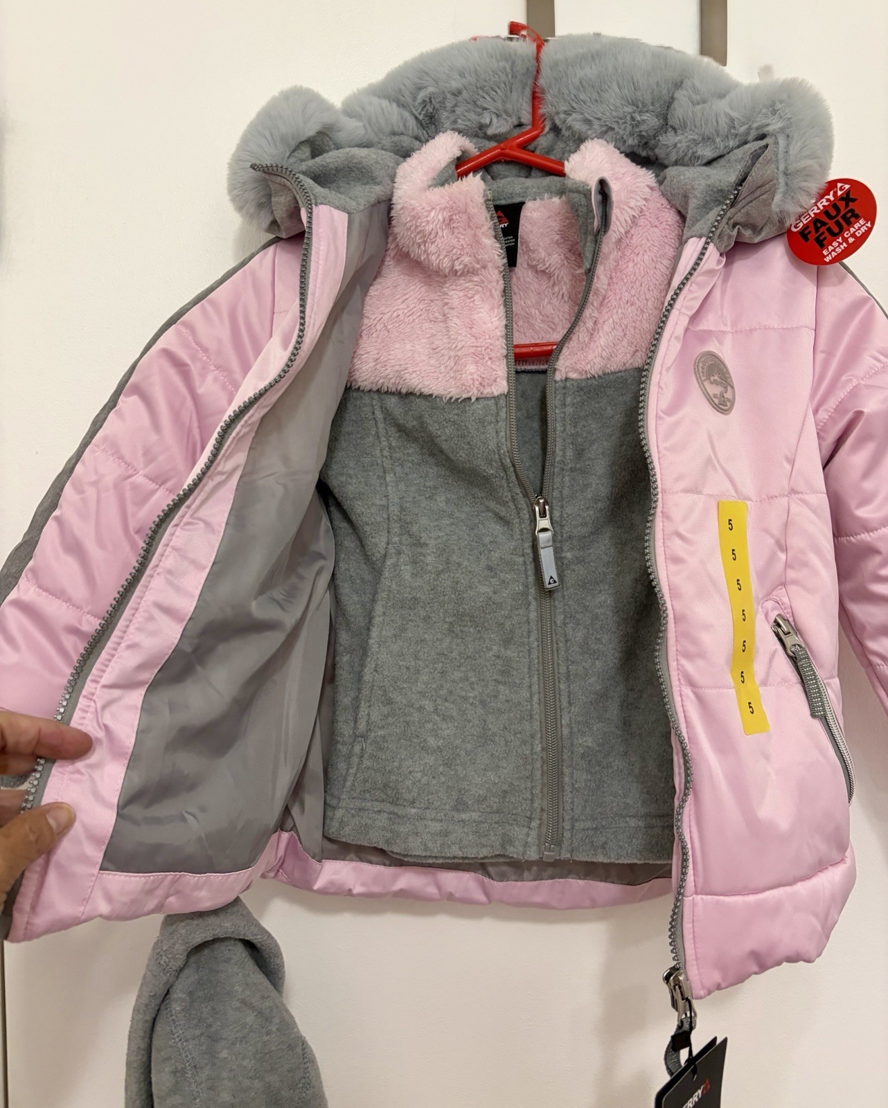 Gerry Girls Pink Gray Hooded Puffer Jacket Faux Fur Trim Full Zip Pockets Sz 5