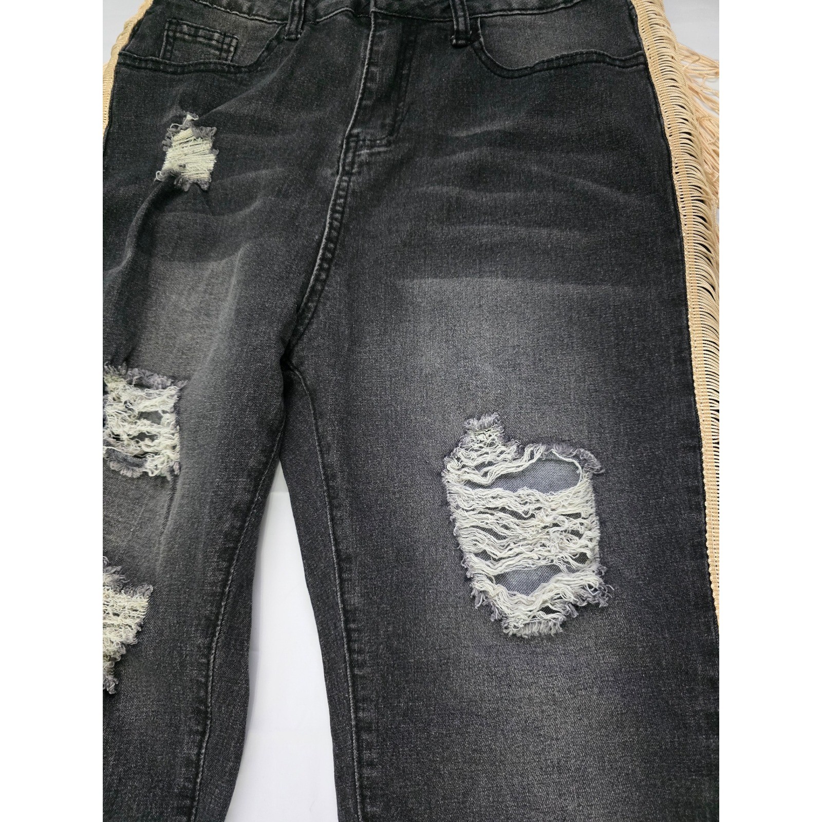 Shein Distressed Fringe Side Trim Jeans Black High Waisted Boho Ripped Denim M