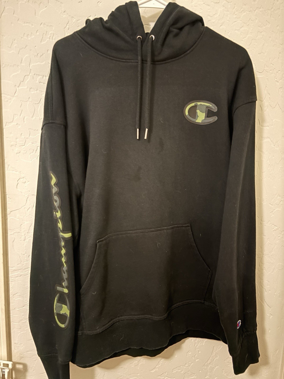 Champion Powerblend Black Fleece Pullover Hoodie Logo Pouch Pocket Mens XL