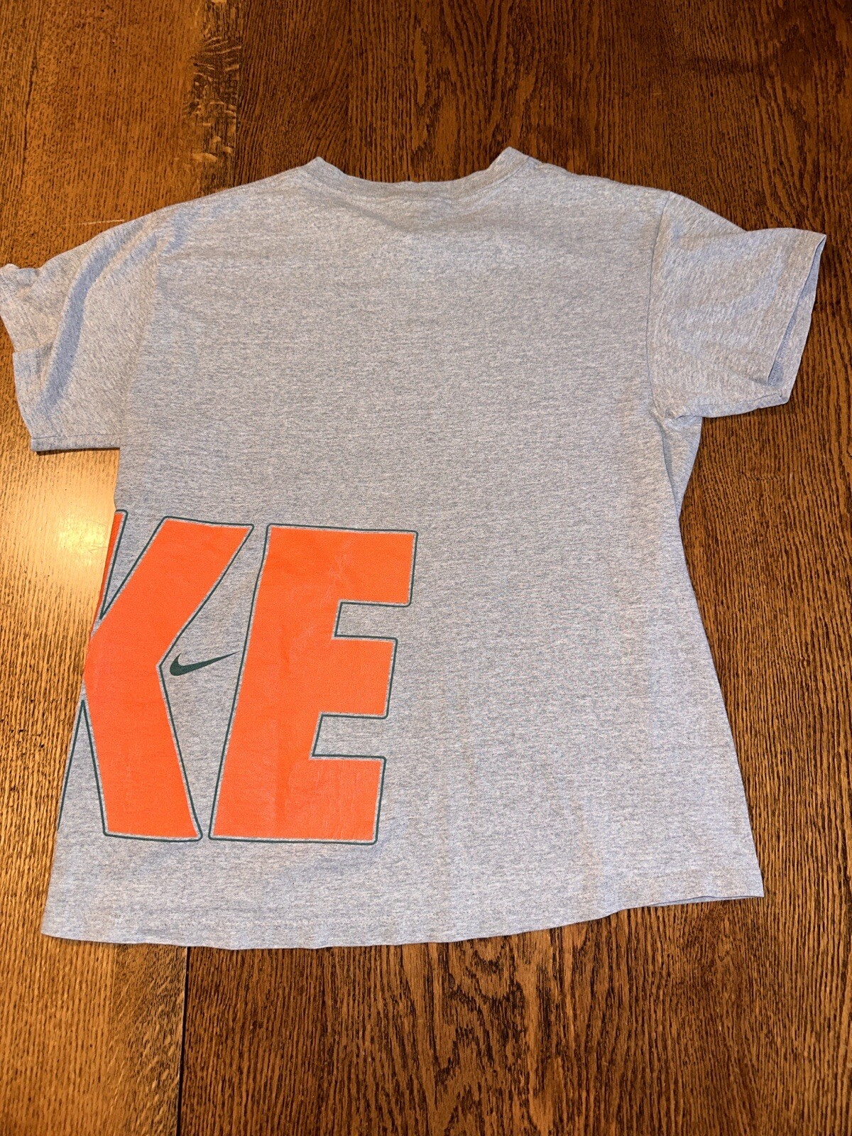 Vtg 90s Nike Spell Out Big Wrap Graphic T Shirt Made USA Gray Green Orange XL