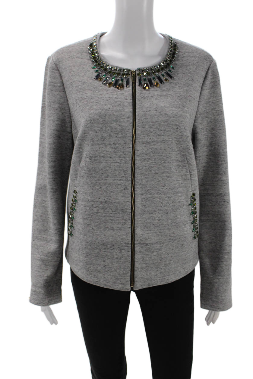 Elizabeth and James Womens Front Zip Crew Neck Crystal Knit Jacket Gray Large