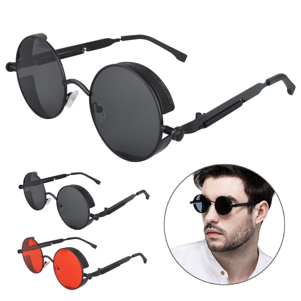 Steampunk Sunglasses Metal Frame UV400 Unisex Gray/Red Lens 136mm Retro‌