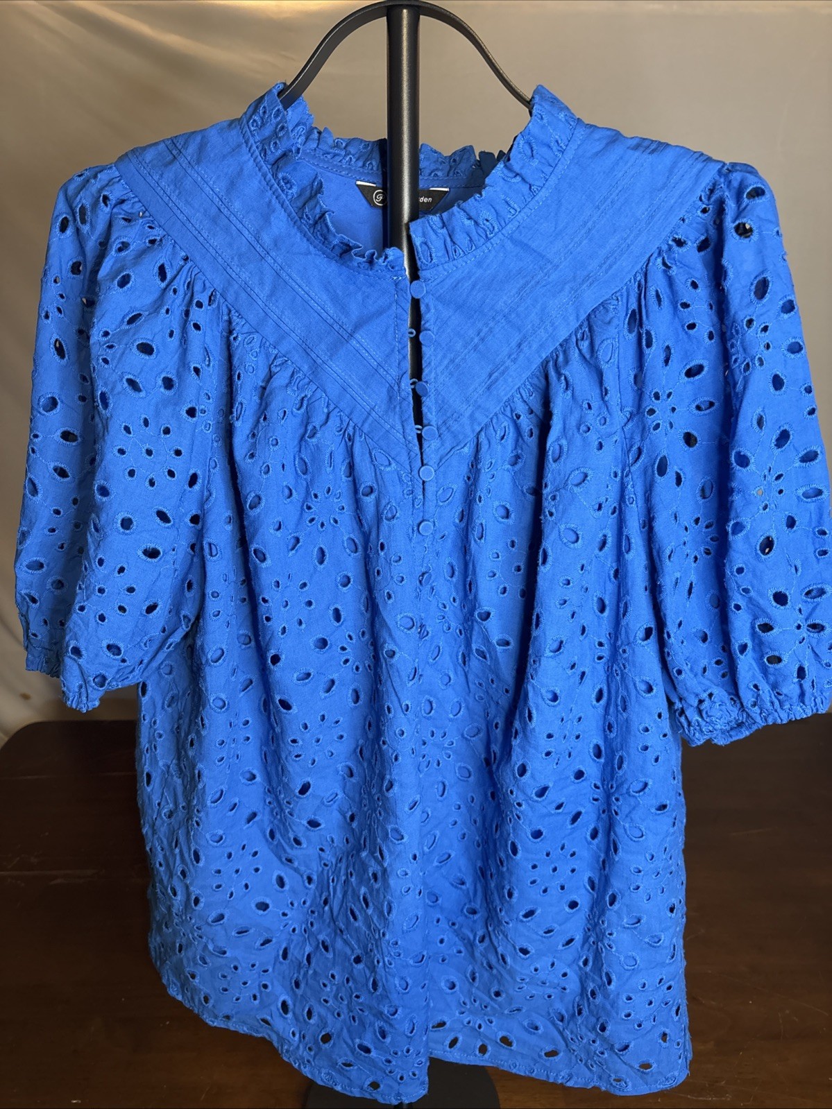 Pretty Garden Blue Eyelet Puff Sleeves Ruffled Cottagecore Women’s Large Blouse