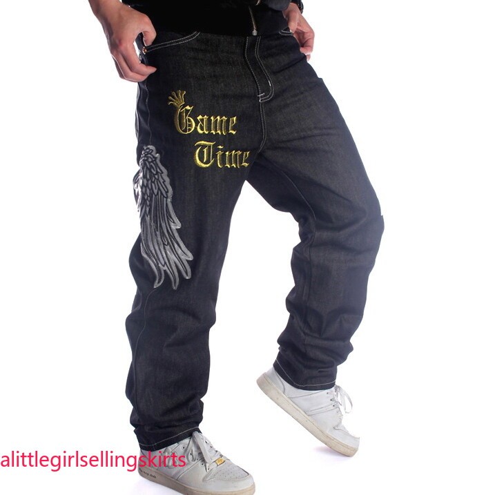 Mens Jeans Denim Embroidery Casual Pants Trousers Hip-Hop Relaxed Black W30-W46