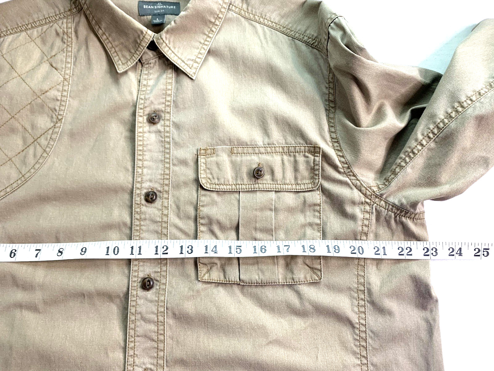 LL Bean Signature Men L Khaki Shirt Work Hunt Quilted Shoulder Slim Fit Safari