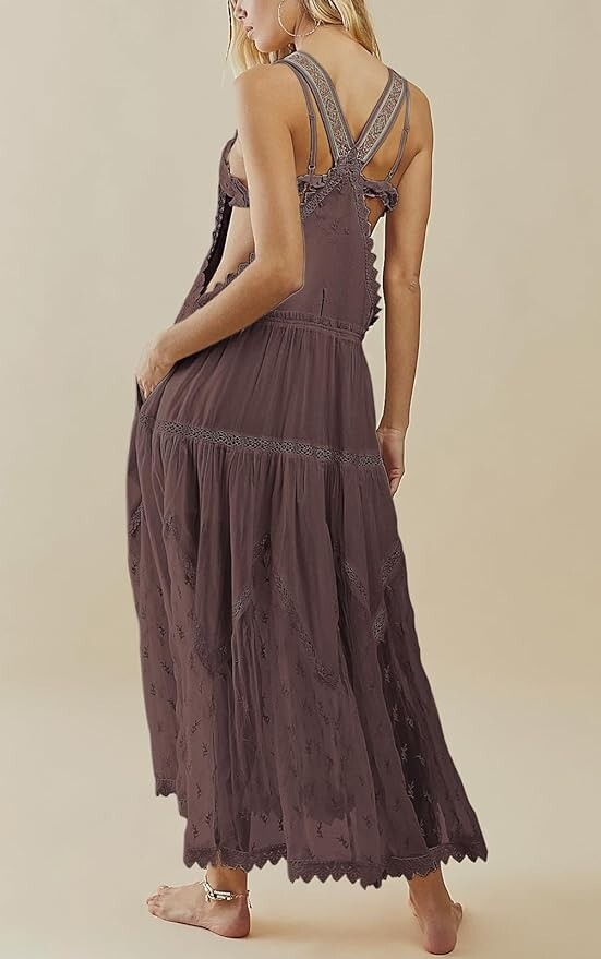 Women’s Laced Embroidered Tulle Bib Dress Casual Loose Adjustable Straps Maxi