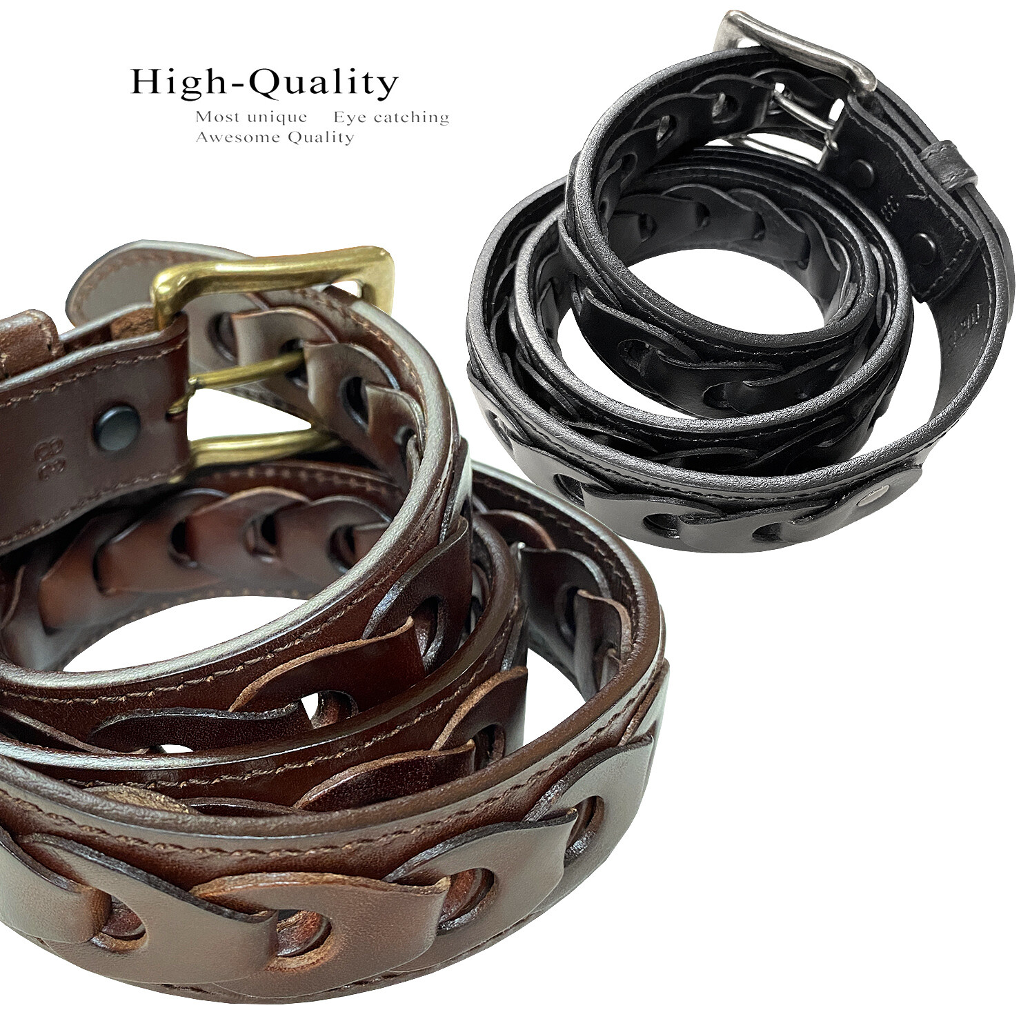 Men’s Braided Genuine Full Leather Casual Jean Belt 1-1/2″ Wide, Black Brown