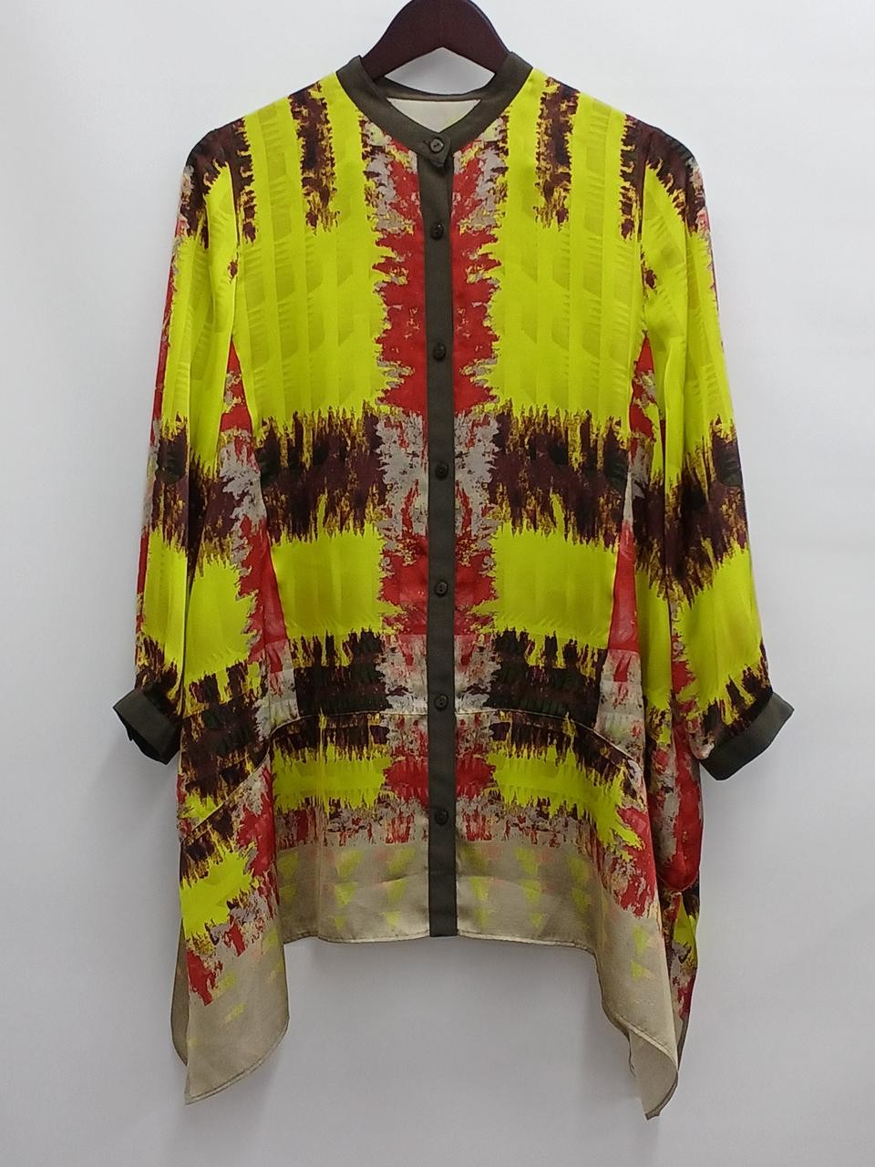 Gradient Check Satin Long Shirt Yellow M 75cm Style Casual Office